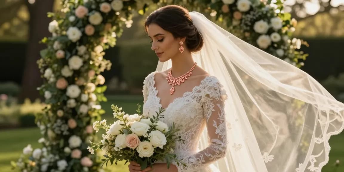 Rose gold bridal jewellery glistening on a bride in a garden setting.