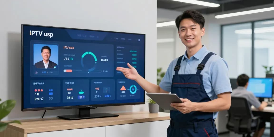 IPTV reseller working in a professional setting with trusted providers, showcasing community-focused services.
