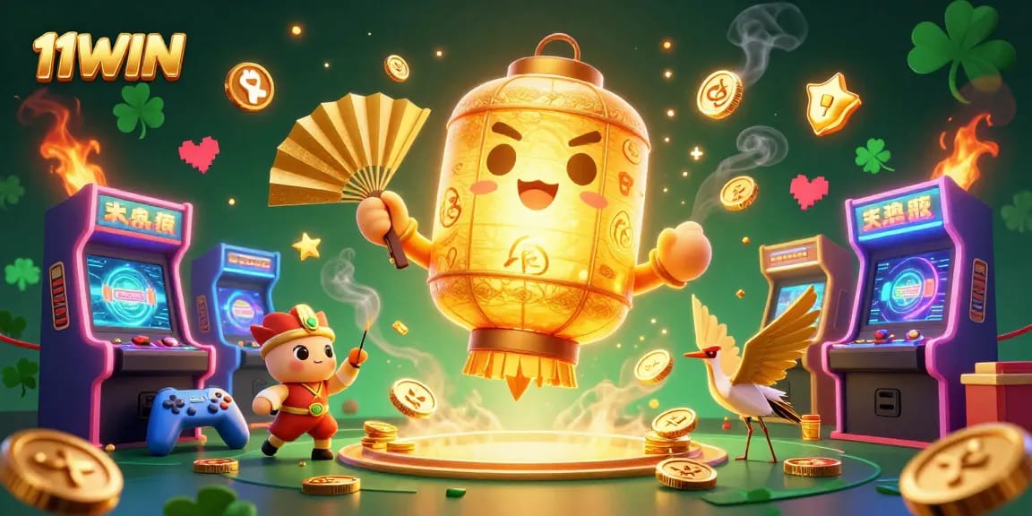 Win big at 11WIN with a vibrant casino scene featuring floating spirits and game machines.