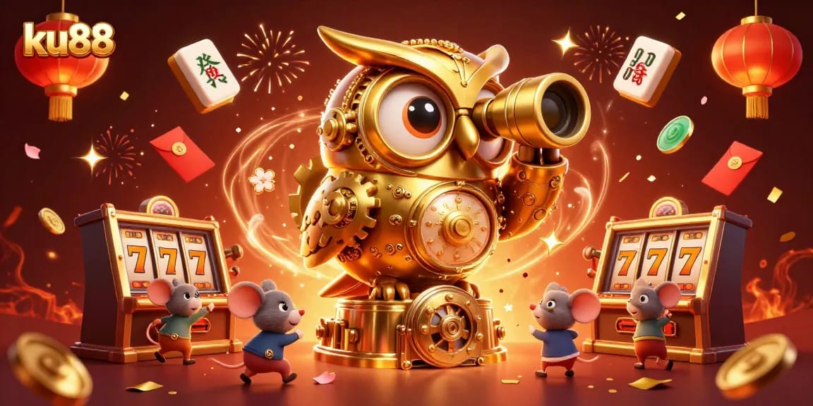 Exciting ku88 gaming scene featuring a clockwork owl, mouse patrons, and vibrant casino symbols.