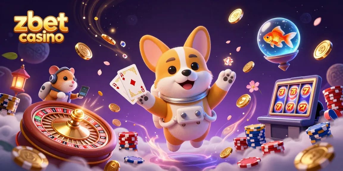 Experience thrilling moments at zbet casino with a 3D cartoon astronaut corgi and vibrant casino elements.