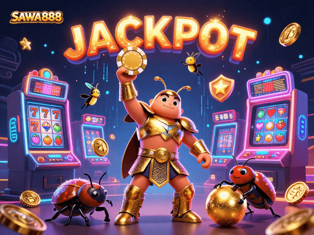 Experience the thrill of SAWA888 with a victorious beetle character and casino elements showcasing fun and excitement in gaming.