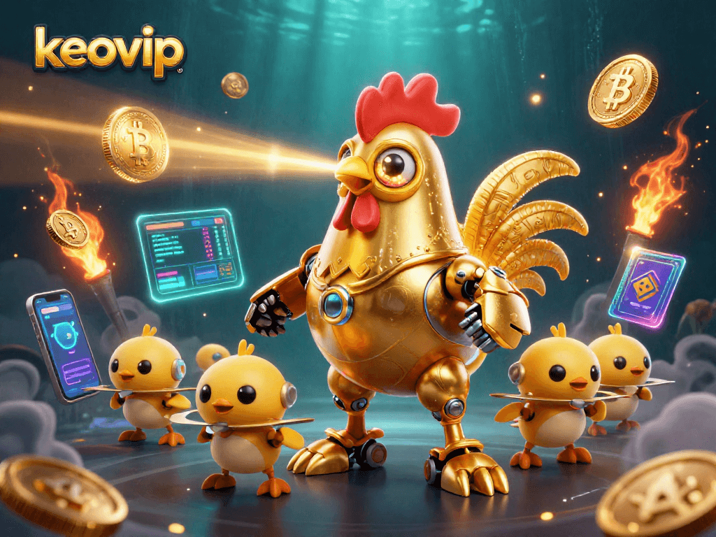 Engage in the thrilling keovip casino experience with a futuristic golden rooster robot and crypto elements.