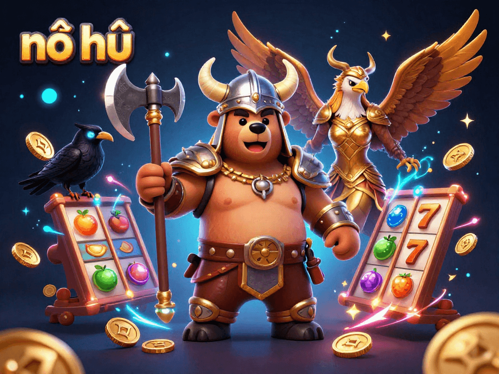 Engage in nổ hũ gaming with a cartoon Viking bear, Valkyrie eagle, and dynamic casino elements.