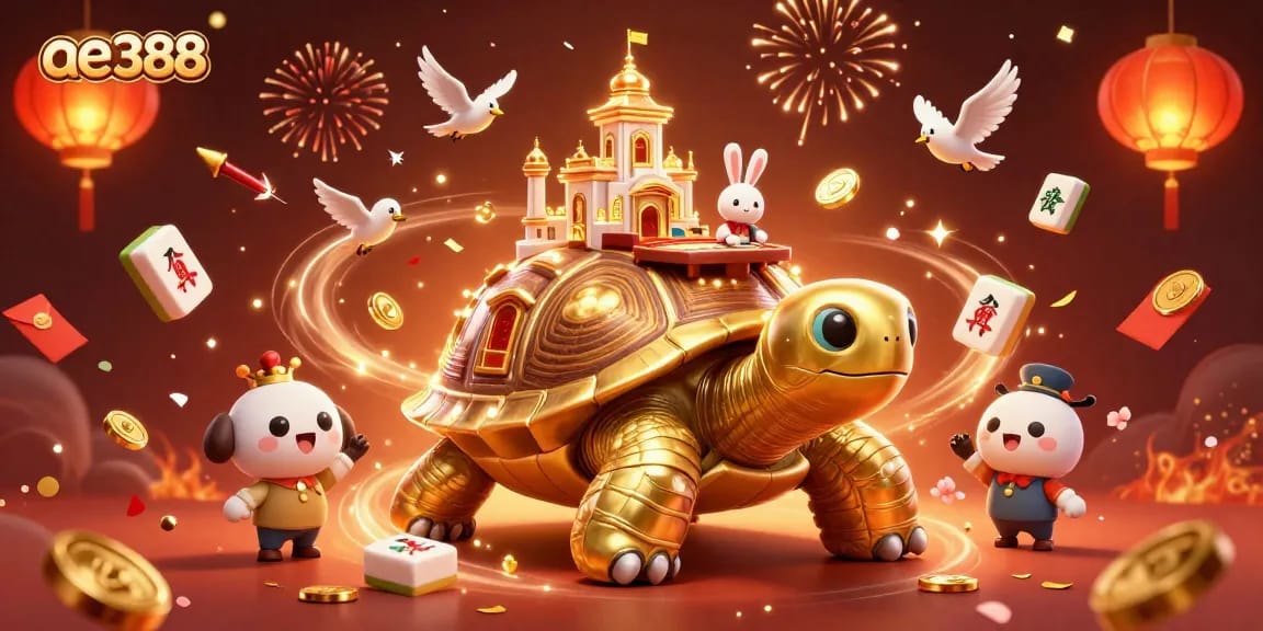 Experience the excitement of ae388 with a vibrant casino scene featuring a tortoise, rabbit dealer, and gold coin motifs.