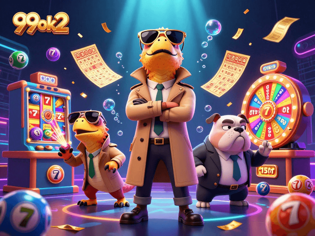 Engage with 99ok2's exciting VIP casino scene featuring vibrant lottery balls and animated slot elements.