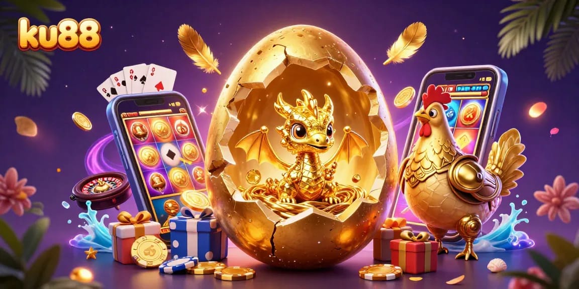 Engage with ku88 as a golden dragon emerges from a cracking egg amidst colorful casino games.