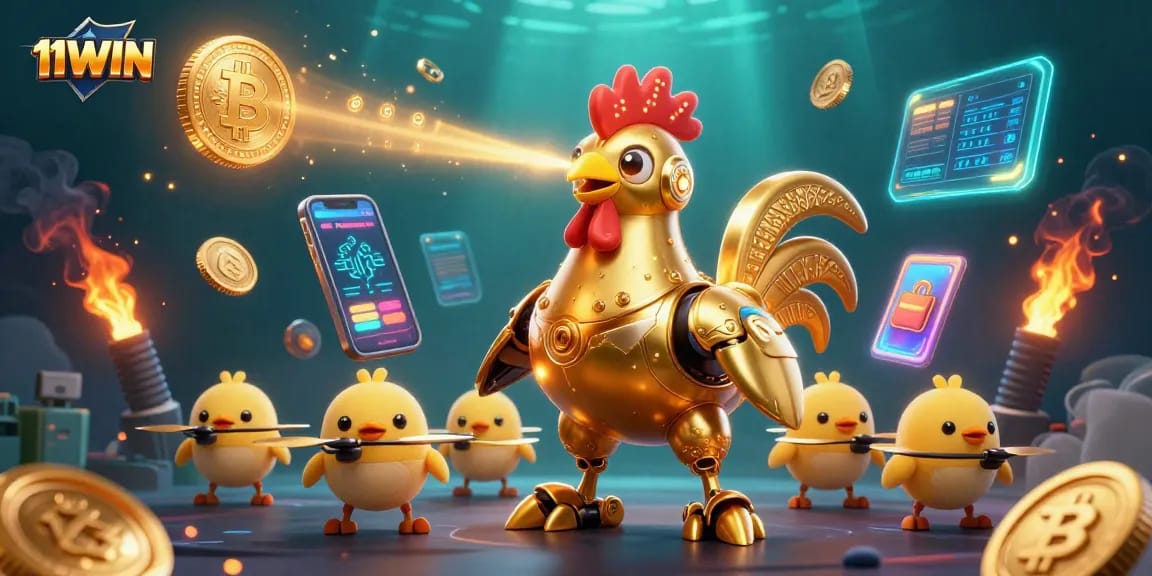 Experience the thrill of 11WIN with engaging golden rooster robot and dynamic casino elements.