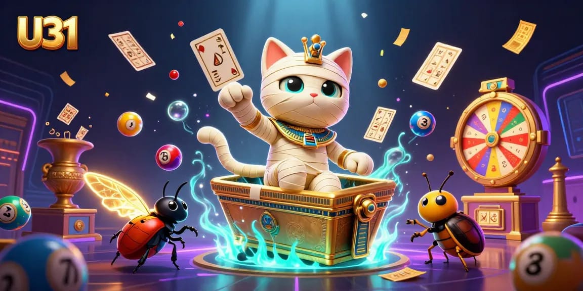 Experience the excitement of U31 in a vibrant casino scene with a mummy cat and glowing scarab, embracing winning strategies.
