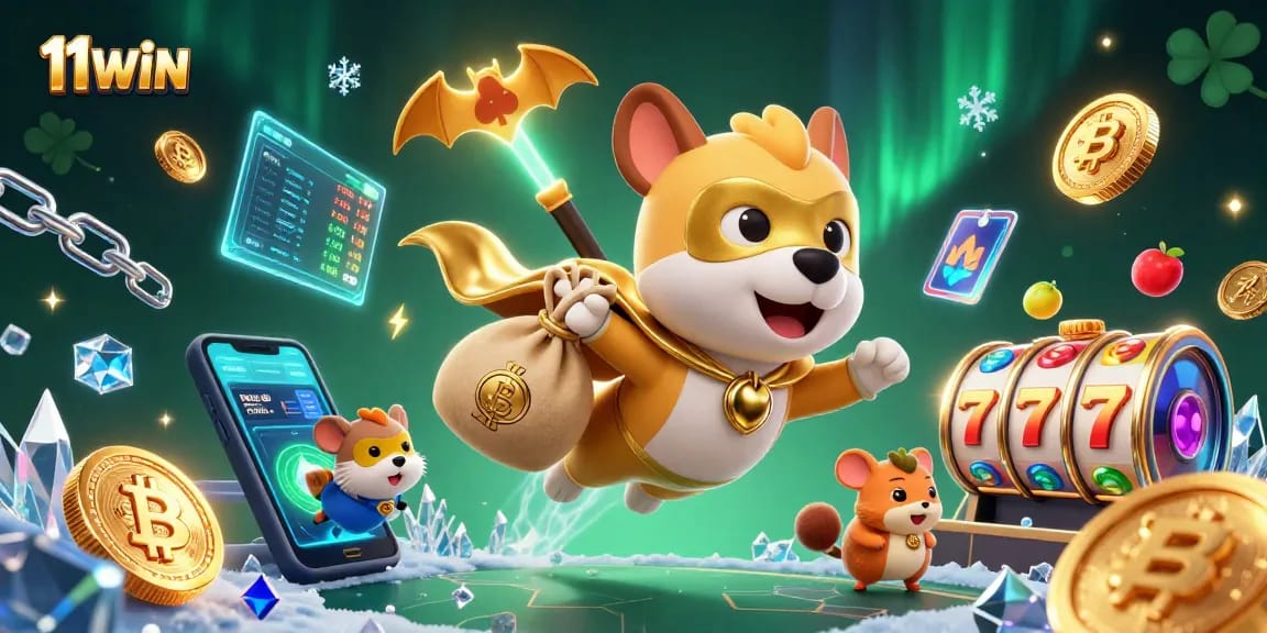 Engage in thrilling gaming with 11WIN's superhero characters amidst slots, crypto coins, and a poker chip symbol.