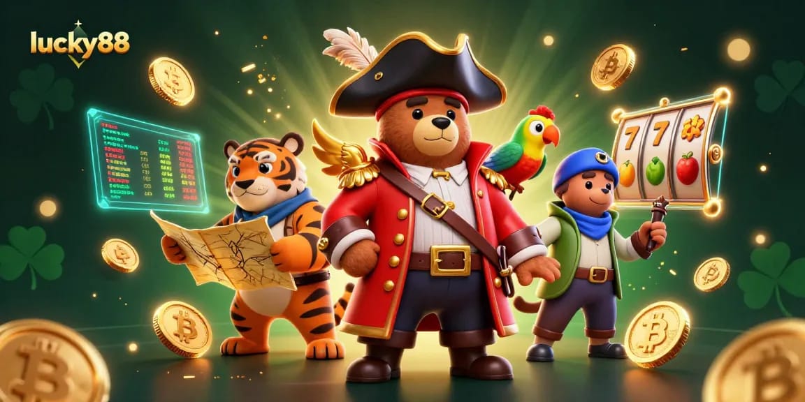 Experience exciting gaming with lucky88 in this vibrant 3D pirate-themed casino illustration.