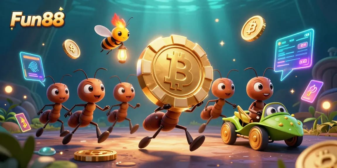 Fun88 offers thrilling casino experiences with ants running a heist for big poker chips.