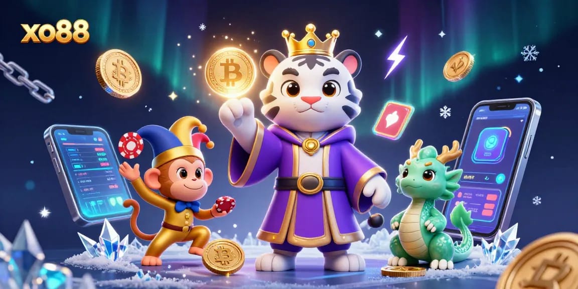 Experience the thrill of xo88 with a lively 3D illustration showcasing diverse casino elements and characters.