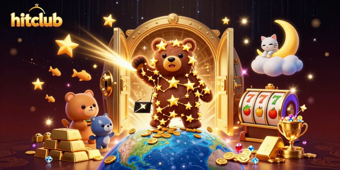 hitclub shines in a 3D casino scene filled with coins, gems, and slot reels.