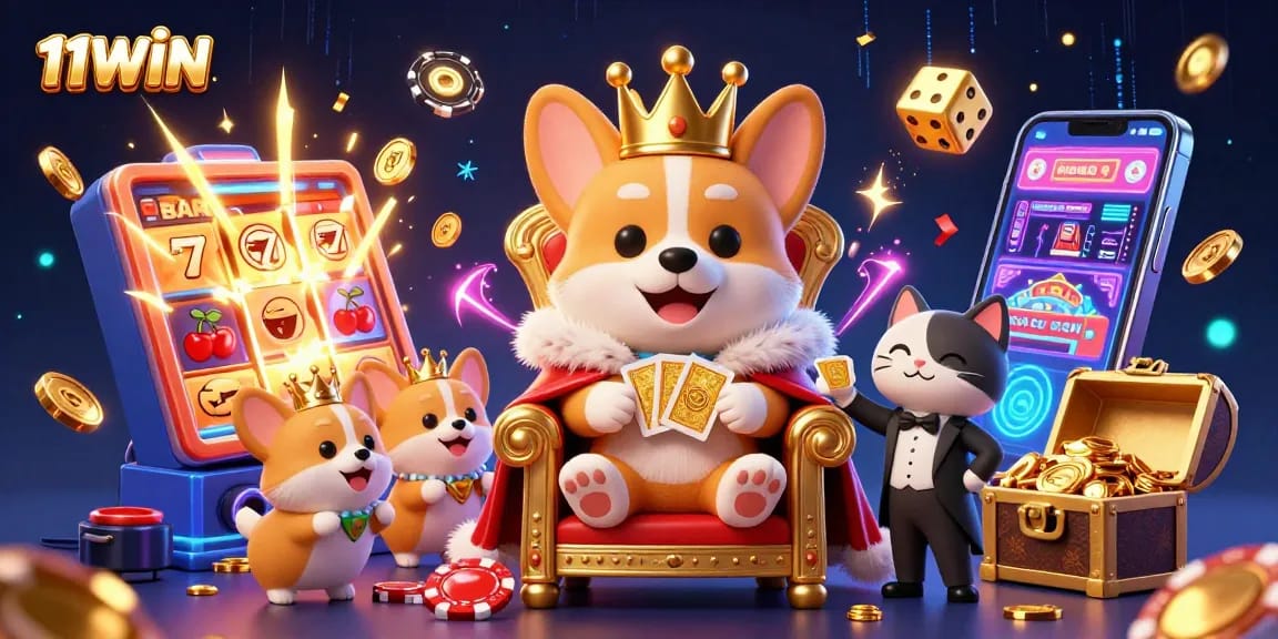 Join the excitement at 11WIN with a royal corgi on a throne and bursting slot machine!