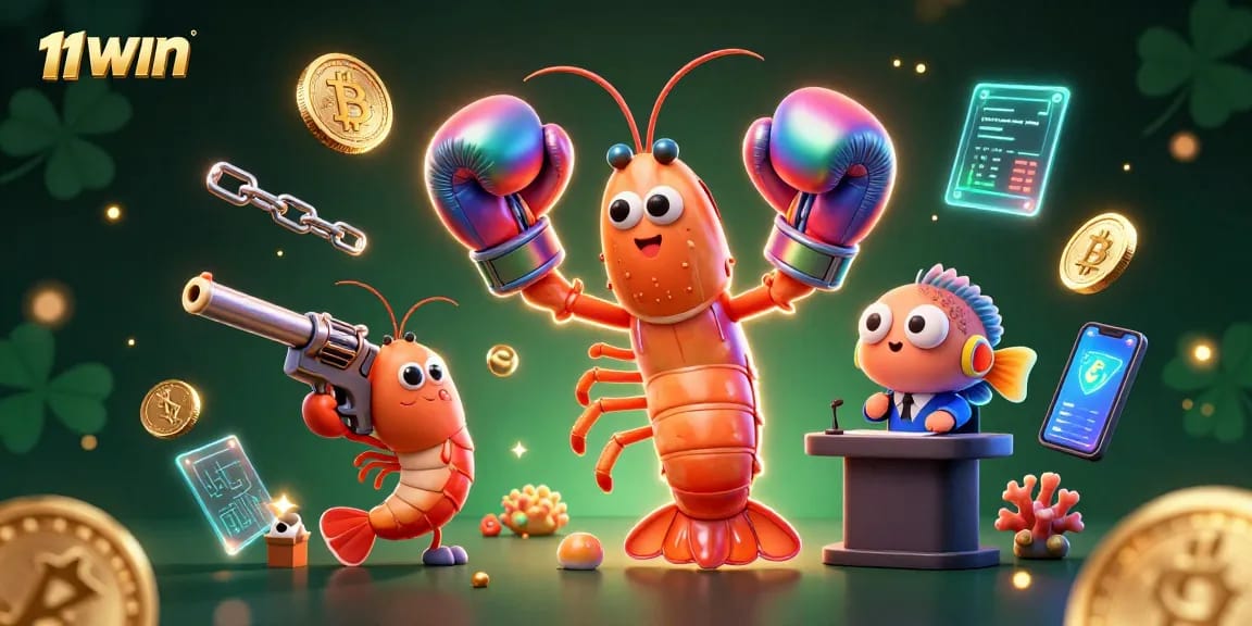 Engage with 11WIN's dynamic casino illustration featuring the ocean's hardest puncher and digital currencies.