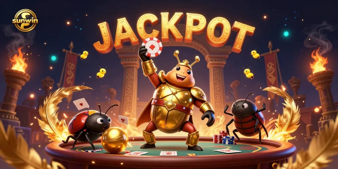 Experience the thrill of sunwin as our hero beetle celebrates a poker victory amid dazzling elements.