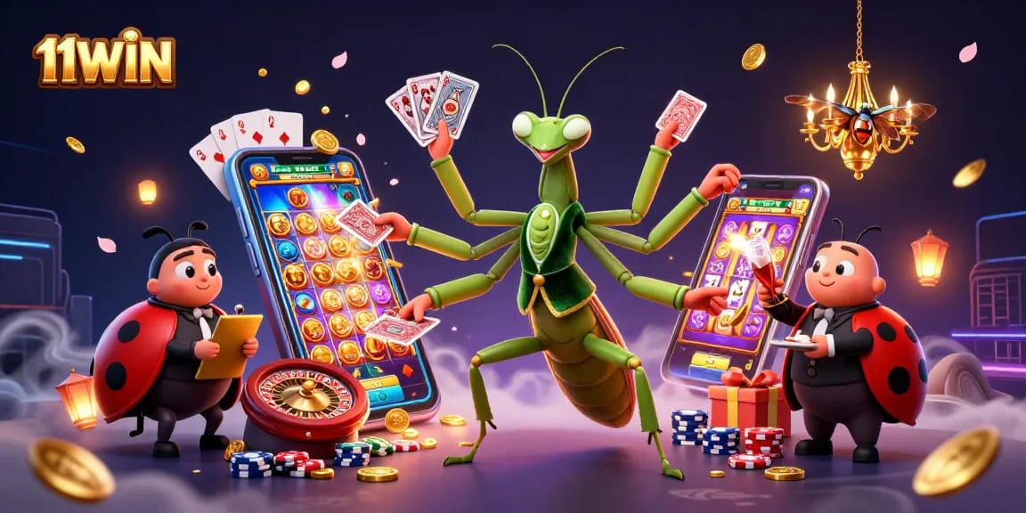 Experience thrilling casino action in 11WIN with a vibrant 3D illustration of engaging characters.