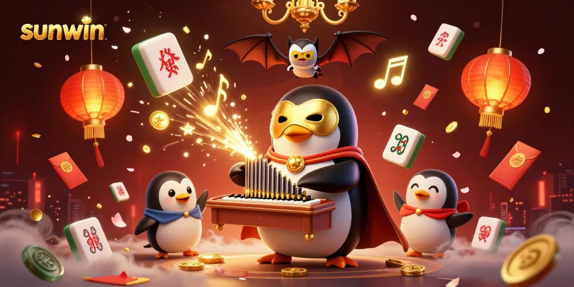 Deposit gold coins with the sunwin penguin in a vibrant casino scene.