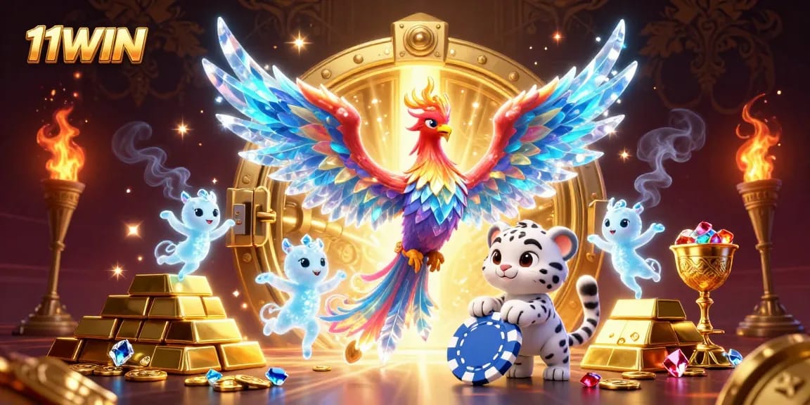 Engage with 11WIN's vibrant scene featuring magical ice phoenixes, gold treasures, and playful gaming elements.