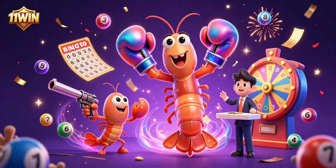 Engage with 11WIN's vibrant 3D casino scene featuring exciting lottery elements and dynamic characters.