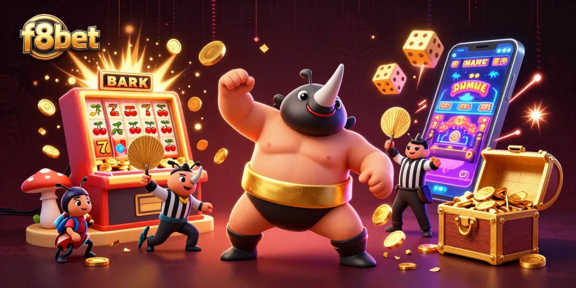 F8bet offers exciting gaming action with a sumo beetle champion and vibrant casino elements in this dynamic illustration.