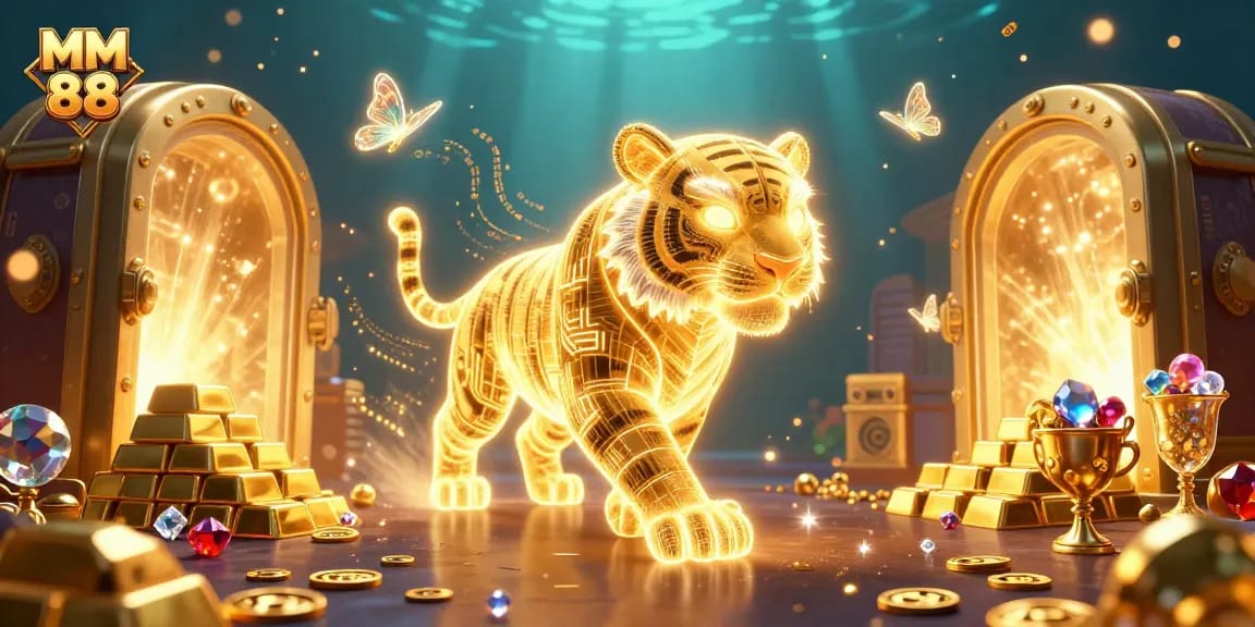 Engage with MM 88's vibrant casino landscape featuring a golden tiger and treasure vault.