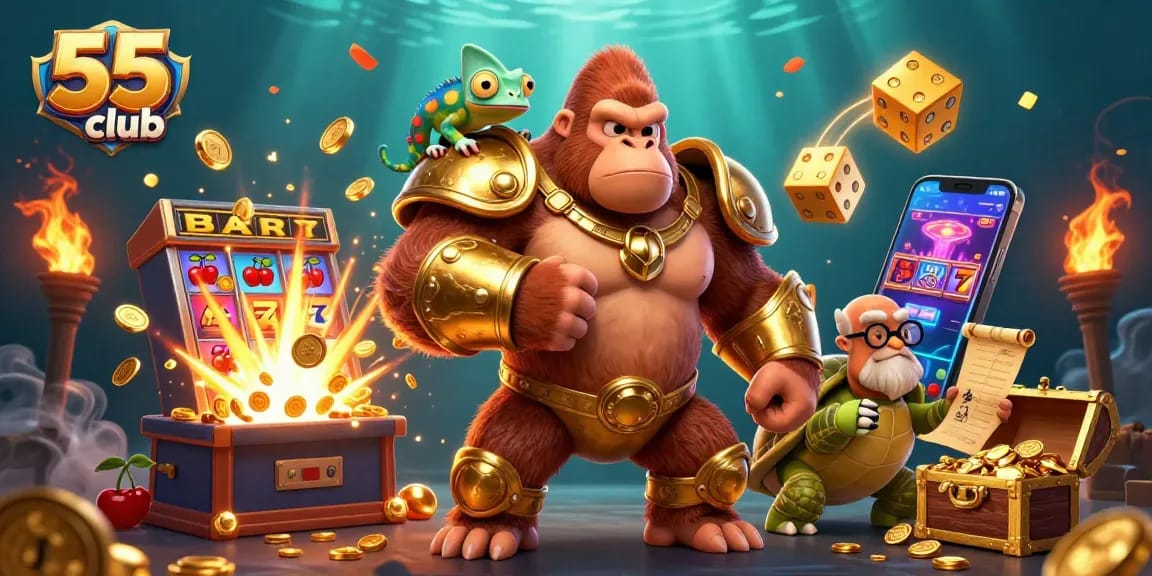 Join 55club's thrilling jackpot adventure with a gorilla, chameleon, and tortoise in a vibrant casino scene.