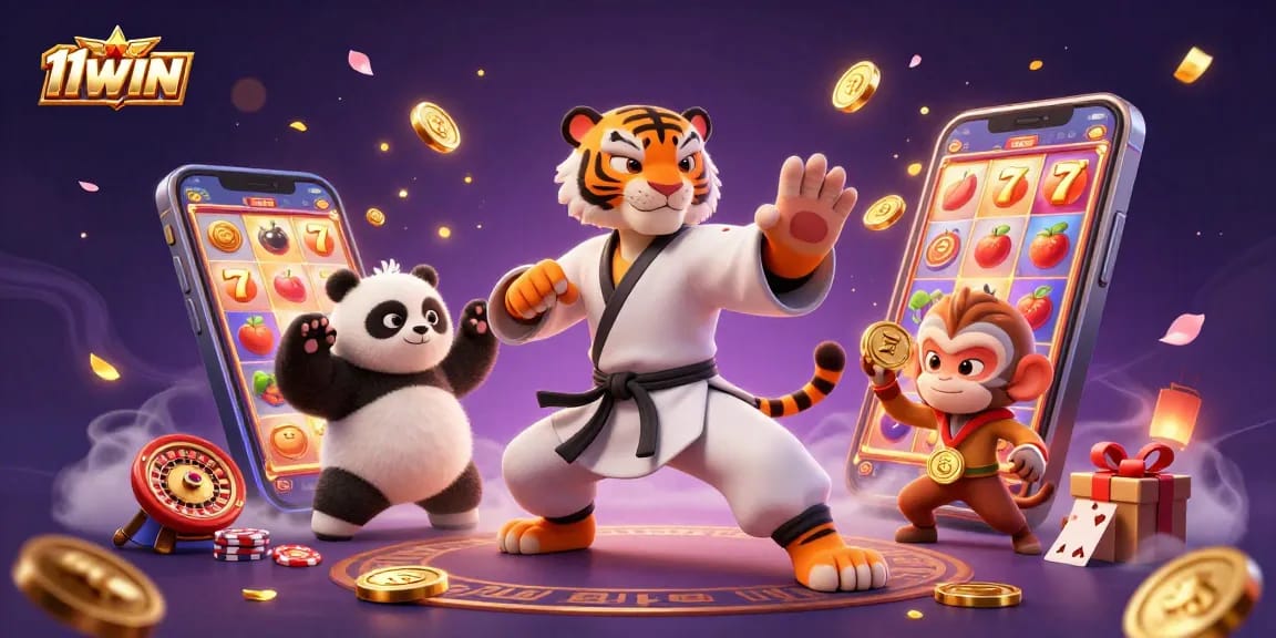 Experience the thrill of 11WIN with kung fu characters amidst colorful slot games and golden coins.