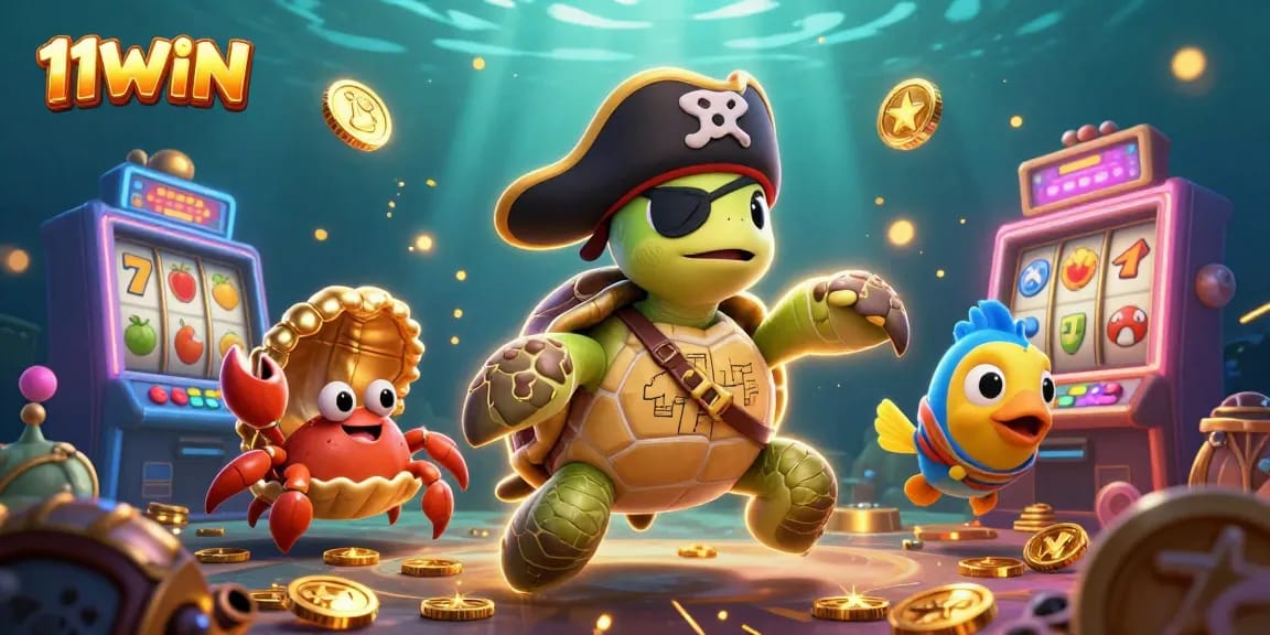 Experience exciting slot adventures with 11WIN through this colorful underwater illustration.