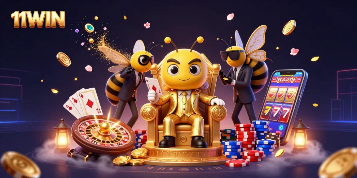 Experience 11WIN with a thrilling 3D illustration showcasing a bumblebee mob boss in a casino setting.