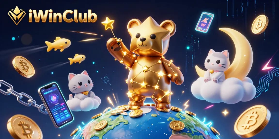 Engage with iWinClub's vibrant gaming world, featuring stars and cryptocurrencies illuminating the sky.