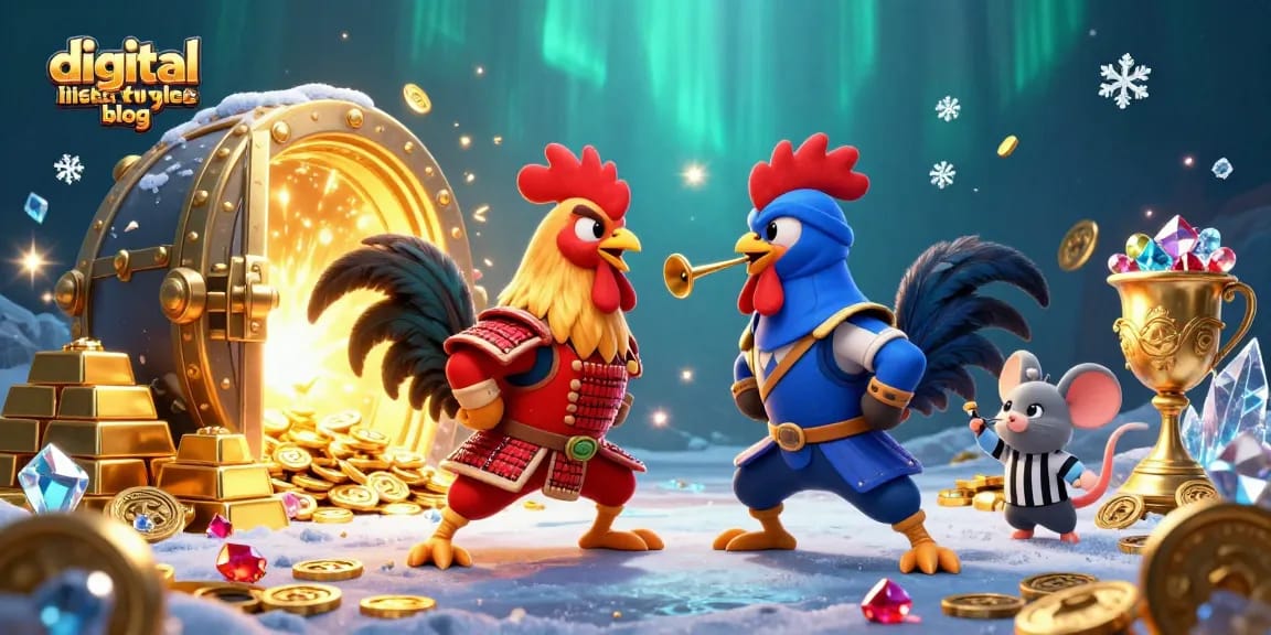 A dynamic scene featuring a digital lifestyle blog with twin fighting roosters, gold treasures, and elaborate casino elements.