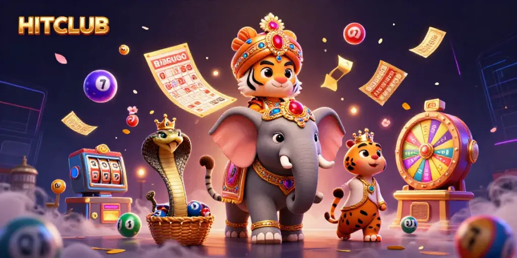 Experience the vibrant gaming world of HITCLUB featuring a 3D maharaja tiger, jeweled elephant, and interactive gaming elements.