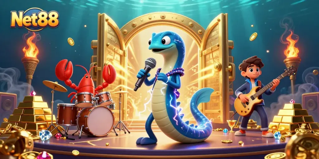 Engage with Net88's dynamic underwater casino scene featuring vibrant characters and treasures.