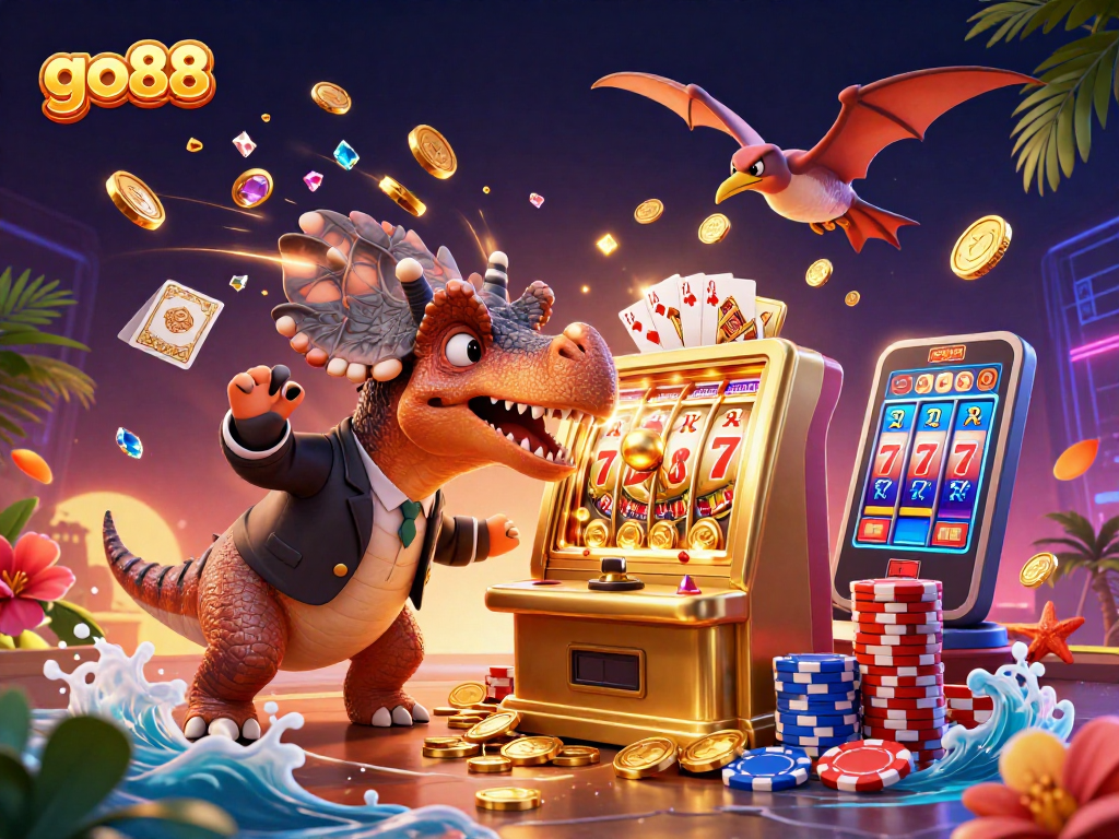 Experience go88 thrills as a pachycephalosaurus wins a golden jackpot in a vibrant casino scene.