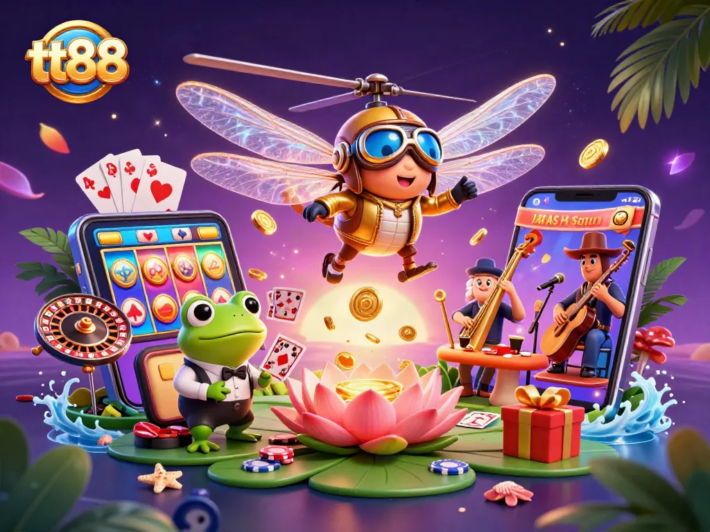Enter the enchanting world of tt88, where a dragonfly pilot interacts with a frog croupier amid vibrant casino action.