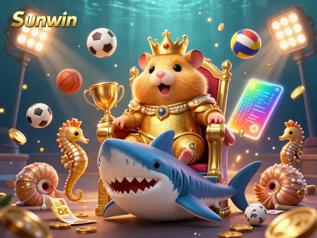 Experience thrilling Sunwin action with a golden hamster king on a megalodon throne surrounded by dynamic gaming elements.