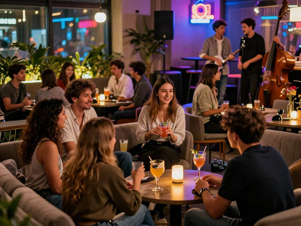 Engaging nsfw ai chat ambiance in urban lounge with stylish gathering.