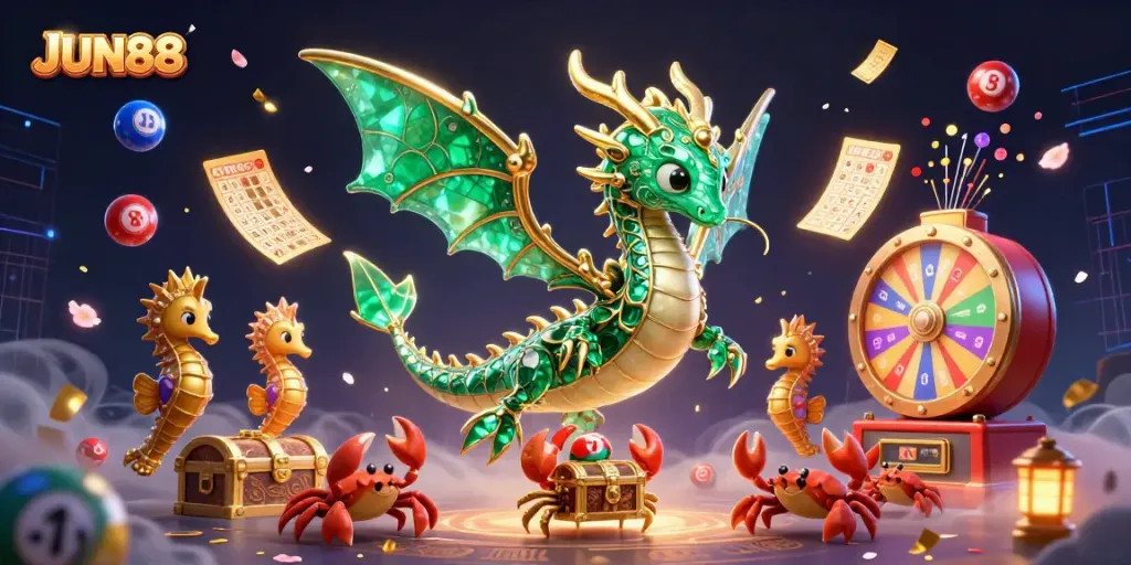 Engage in exciting gameplay at JUN88 with a vibrant scene featuring a sea dragon and dynamic lottery elements.