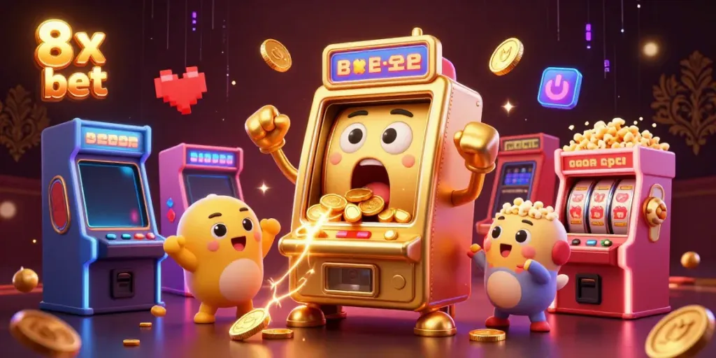 Engage with winning moments at 8x bet featuring a golden slot machine hitting jackpot with cheerful baby machines.