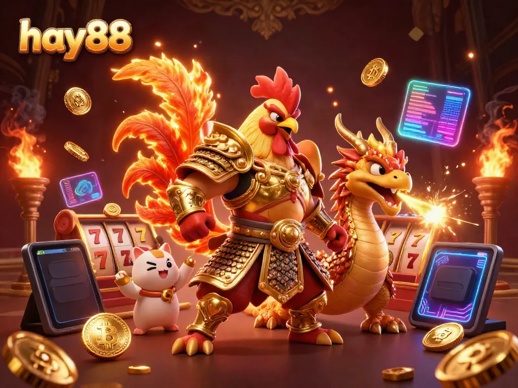 Engage in thrilling slots action at hay88 with a vibrant rooster warrior and dragon hatchling amidst golden sparks.