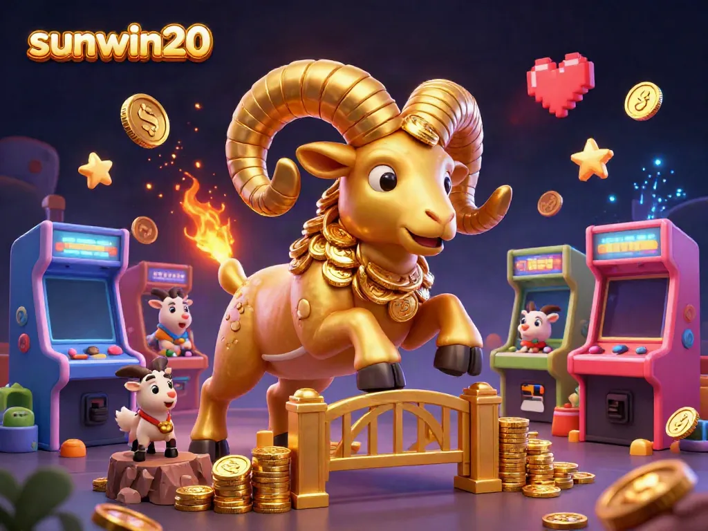 Experience the thrill of sunwin20 with a golden ram charging through an arcade-lit casino.