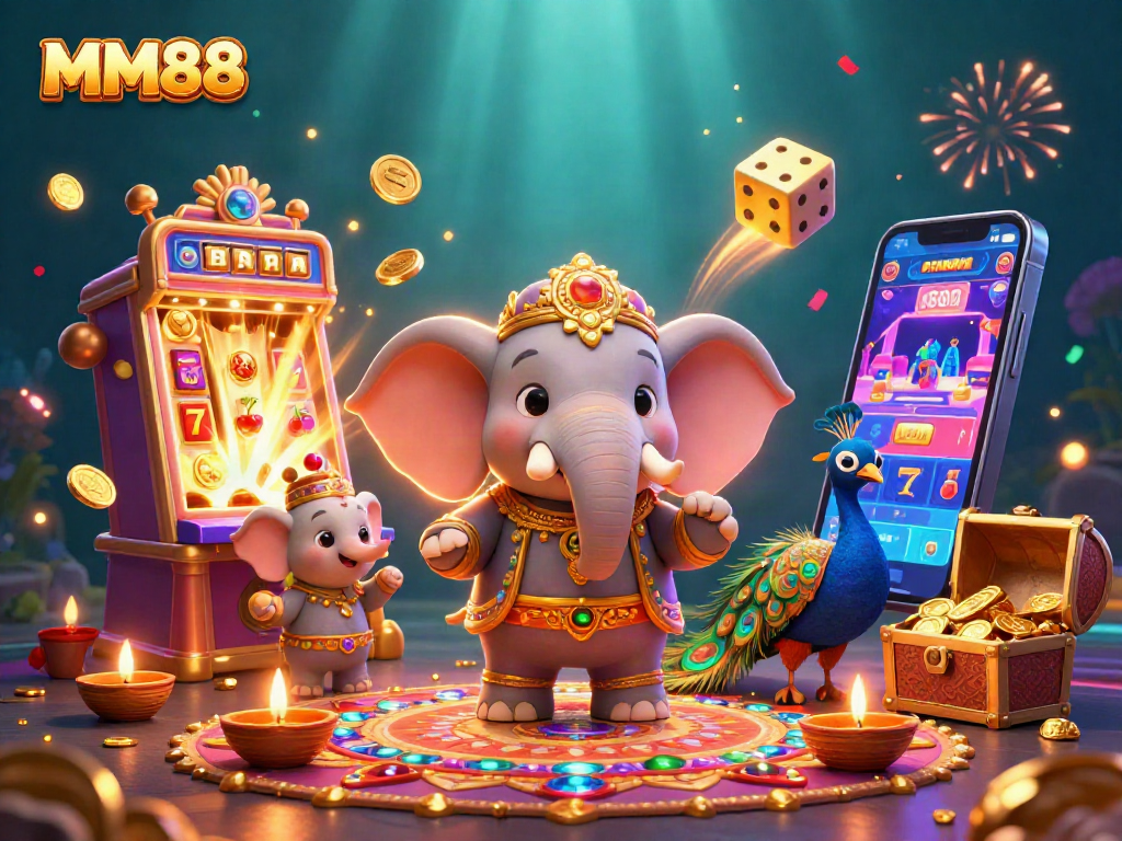 Experience the thrill of MM88 with vibrant illustrations of slots and joyous elements.