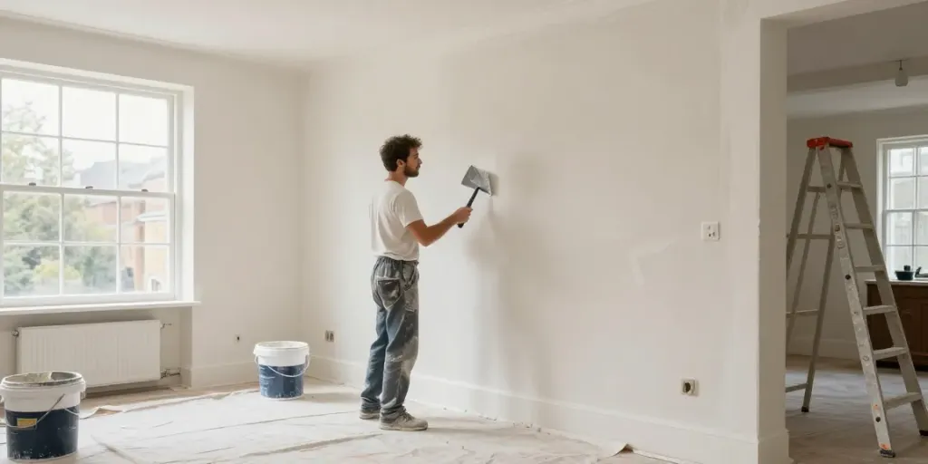 Expert plastering service in London, showcasing a skilled professional applying smooth finish on interior walls.