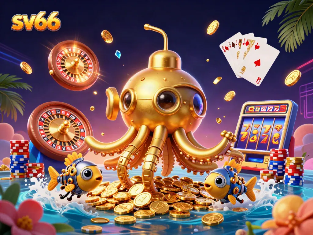 Experience exhilarating wins with sv66, featuring vibrant golden kraken and dynamic casino elements.