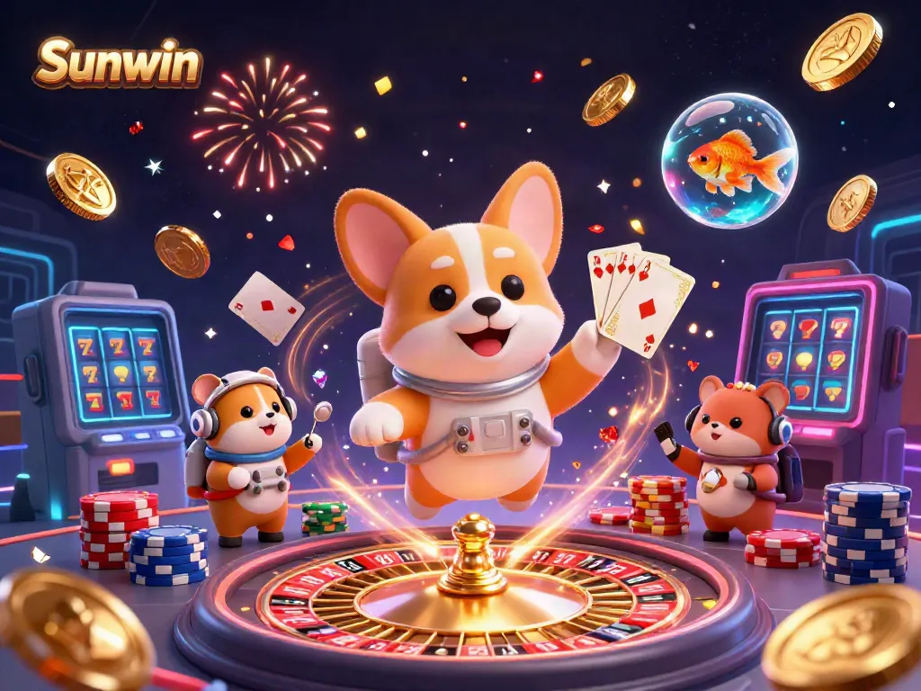 Watch the Sunwin astronaut corgi winning in a vibrant floating casino.