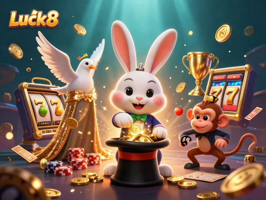 Luck8 captures the excitement of winning with a 3D magician rabbit, showcasing gaming elements like slot reels and golden coins.