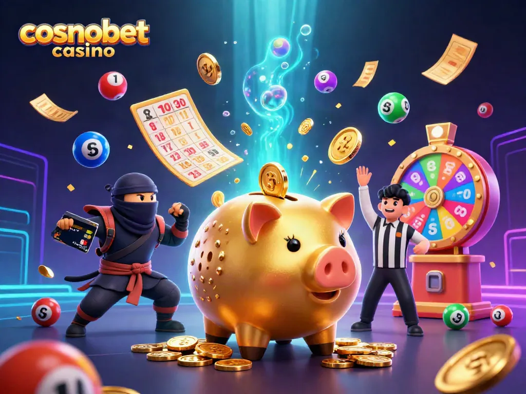 Win big at Cosmobet Casino with vibrant 3D illustration of gaming excitement and fun.