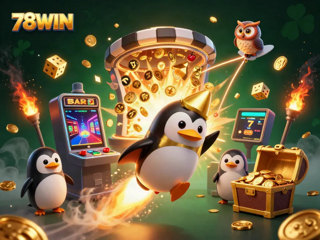 Engage with 78WIN's exciting universe featuring a golden penguin soaring towards a jackpot machine bursting with treasures.